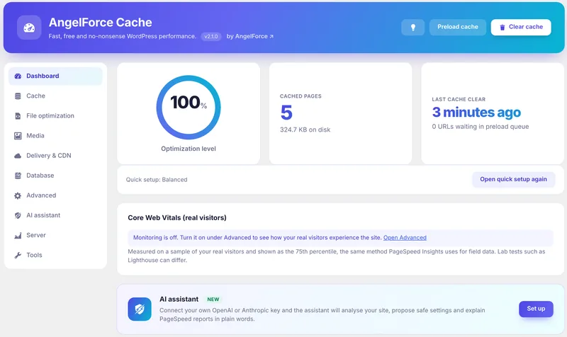 Bacheca di AngelForce Cache con un livello di ottimizzazione del 100%, 5 pagine in cache e l’ora dell’ultimo svuotamento della cache