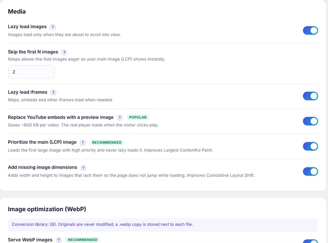 Impostazioni dei media: lazy load, immagine di anteprima di YouTube, priorità dell’immagine LCP e dimensioni delle immagini